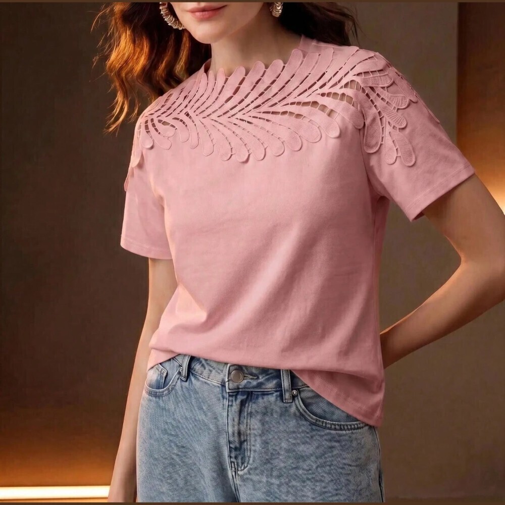 Blush Pink Laser Cut Leaf Trim Round Neck Short Sleeve Tee